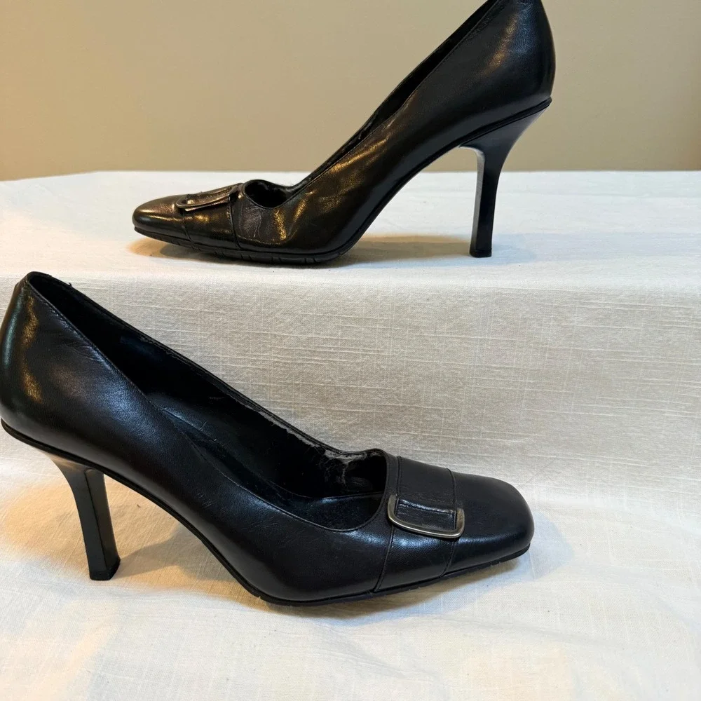 Bandolino Flawless Pumps 7M Black Leather Square Toe Buckle Stiletto Heels